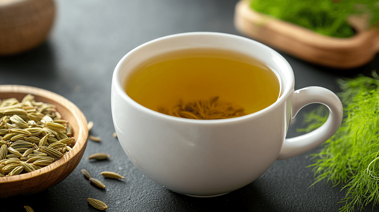 White cup of fennel tea with fennel seeds and fresh herbs on a dark surface.