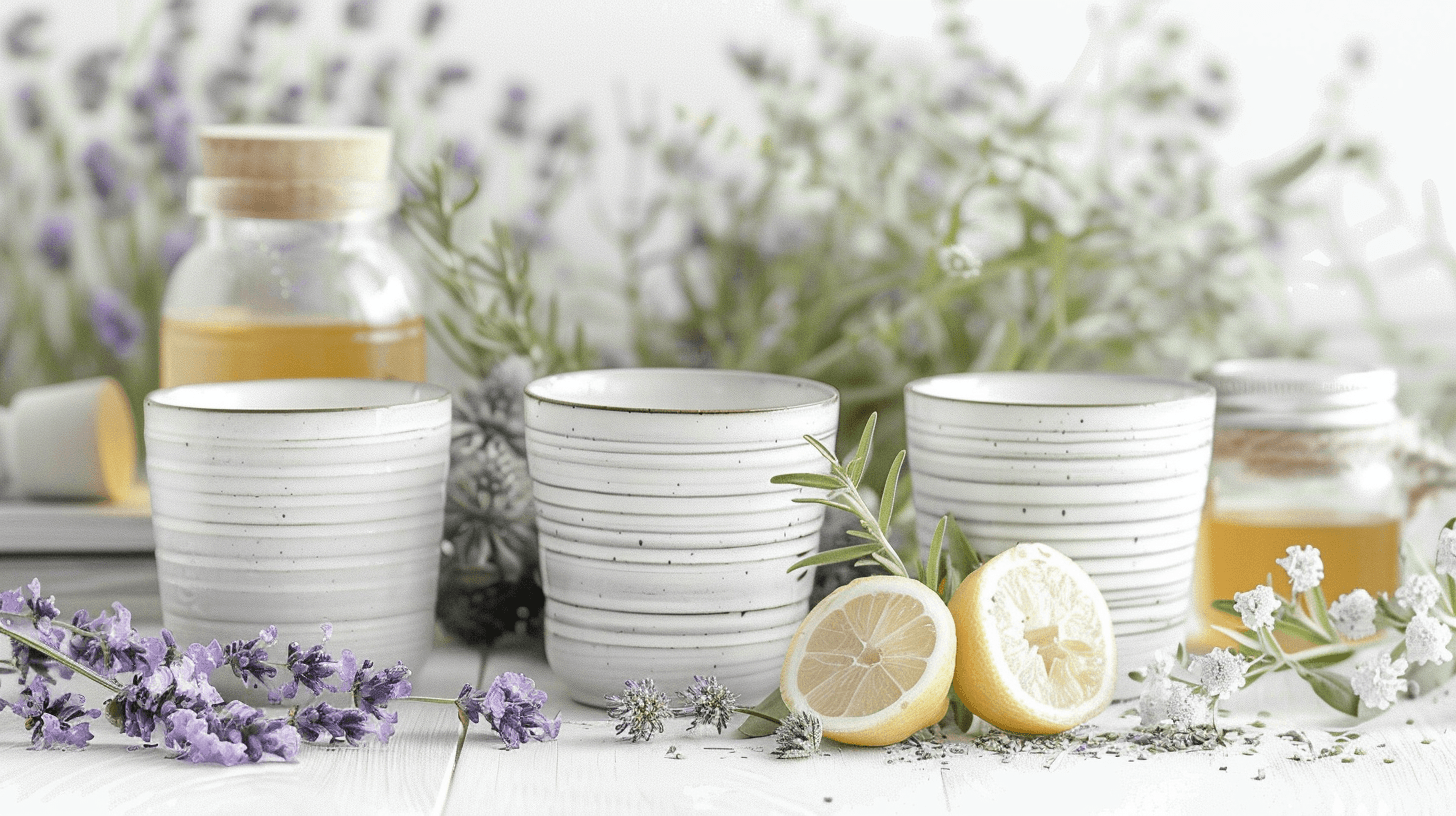 Four ceramic cups with lavender, lemon slices, and honey jar on a white table.