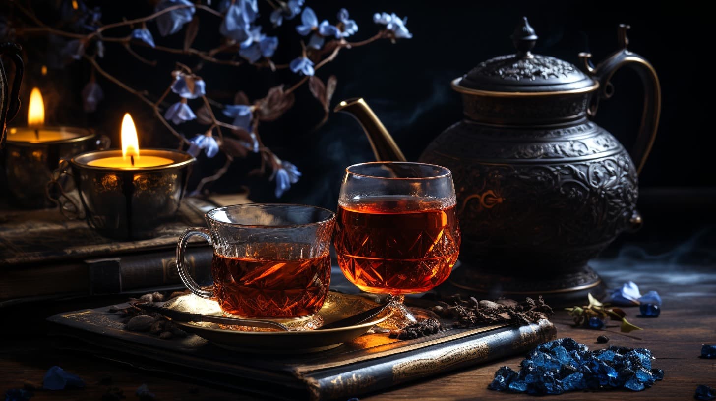 Two ornate glasses of tea with a vintage teapot, candles, and blue flowers in a dimly lit setting.