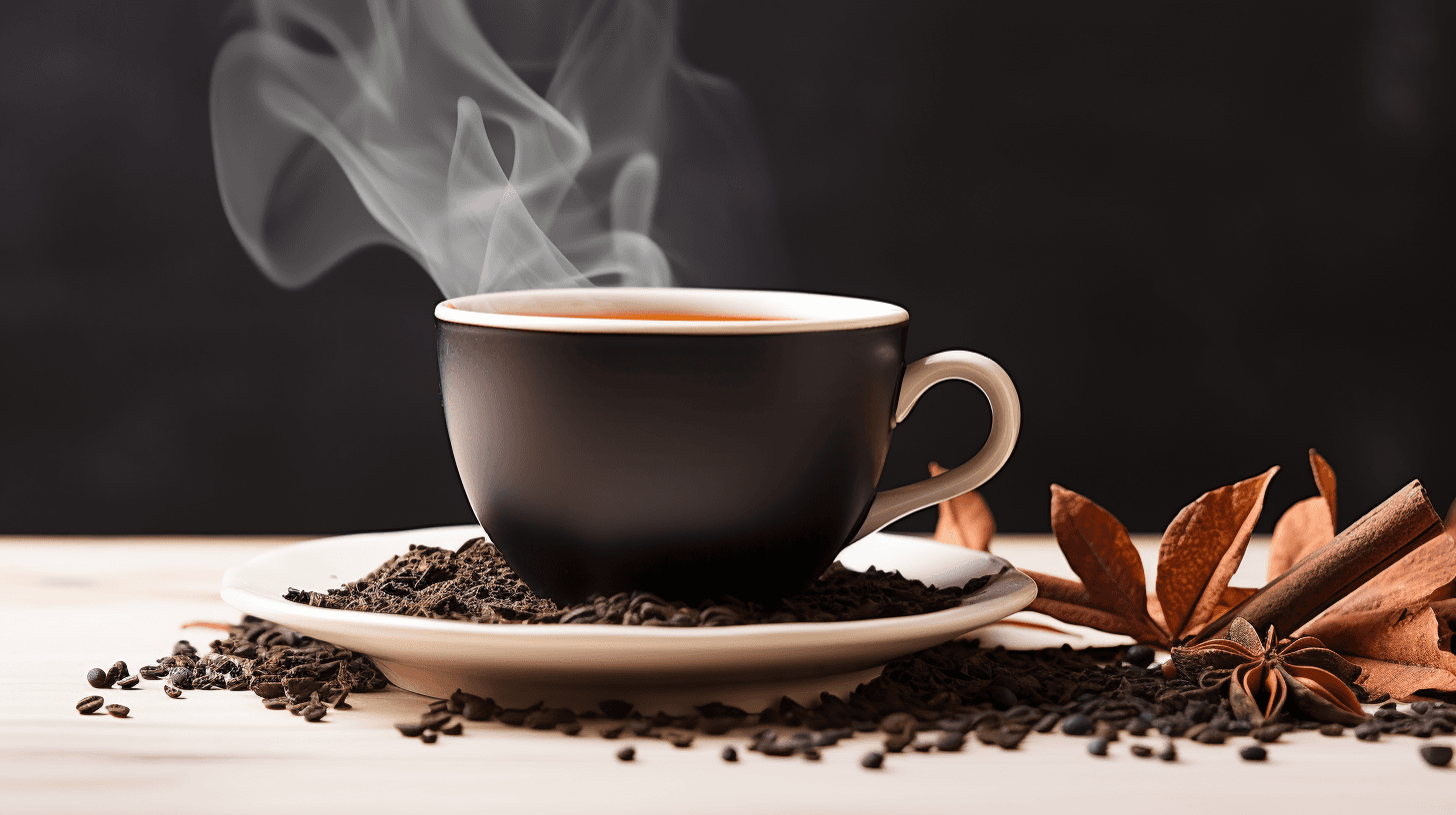 Steaming cup of tea on saucer with loose tea leaves and star anise.