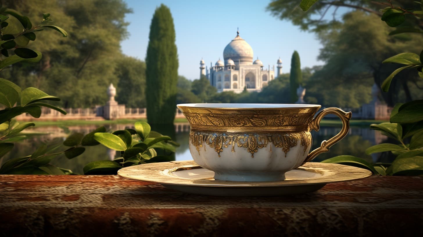 Ornate teacup on a table with the Taj Mahal in the background.