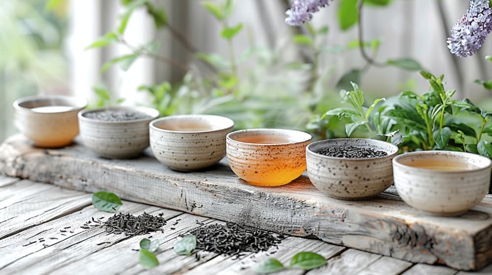 Ceramic cups with tea leaves and brewed tea on a rustic wooden plank, surrounded by greenery.