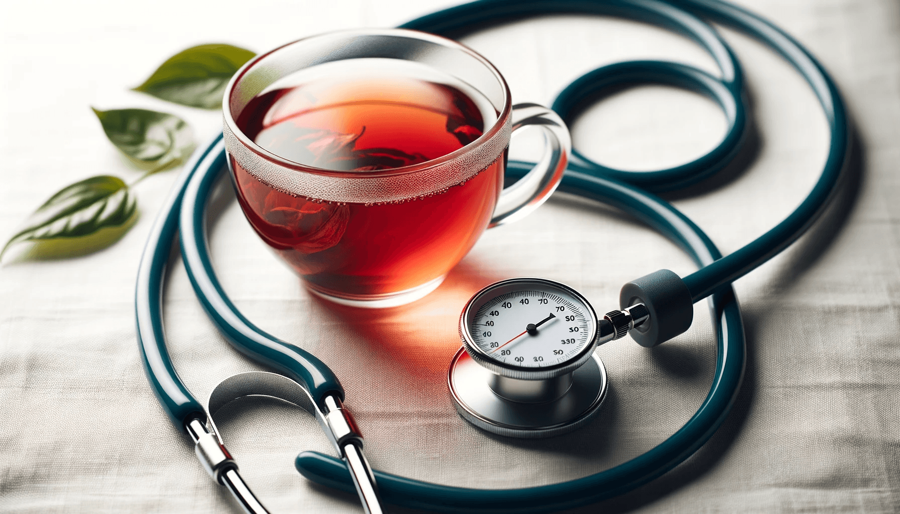 Glass cup of herbal tea with a stethoscope and blood pressure gauge on a table.