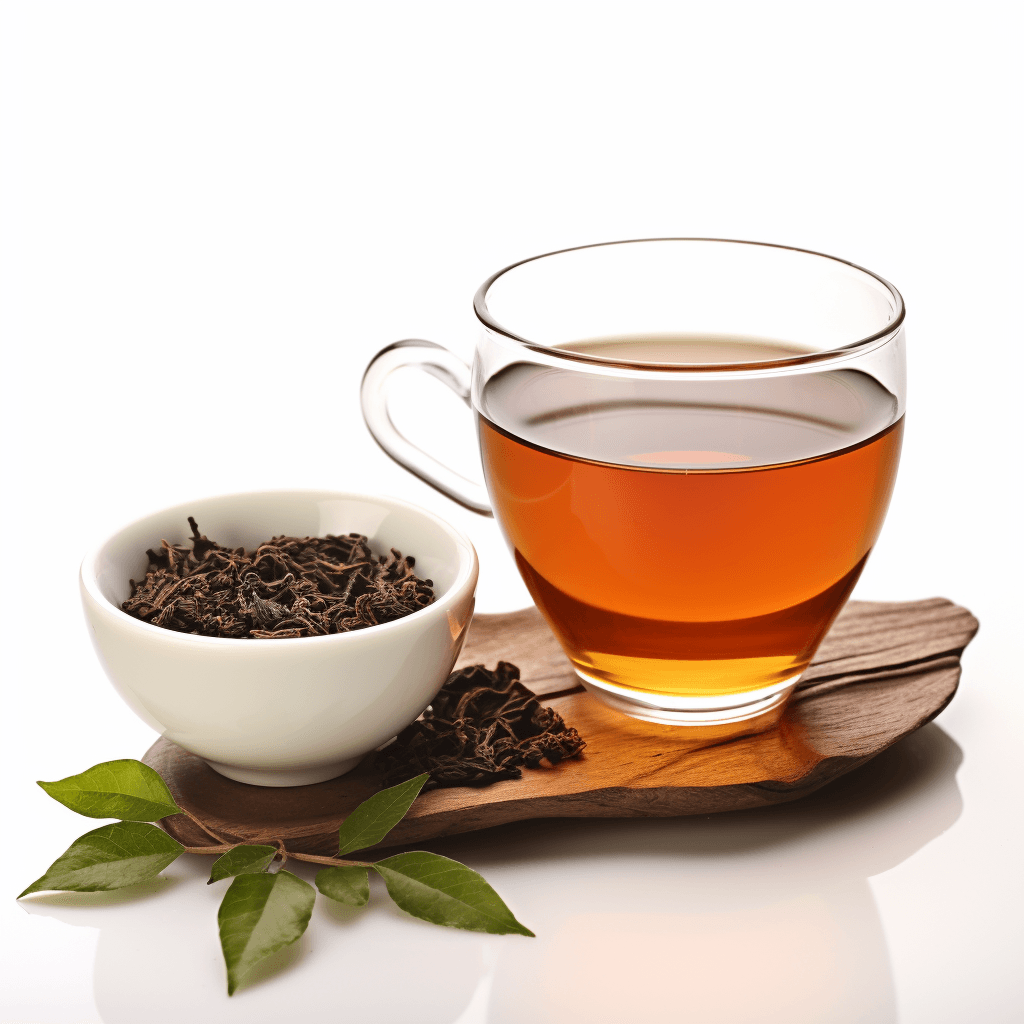 Glass cup of amber tea on a wooden tray with a bowl of loose black tea leaves and green leaves.