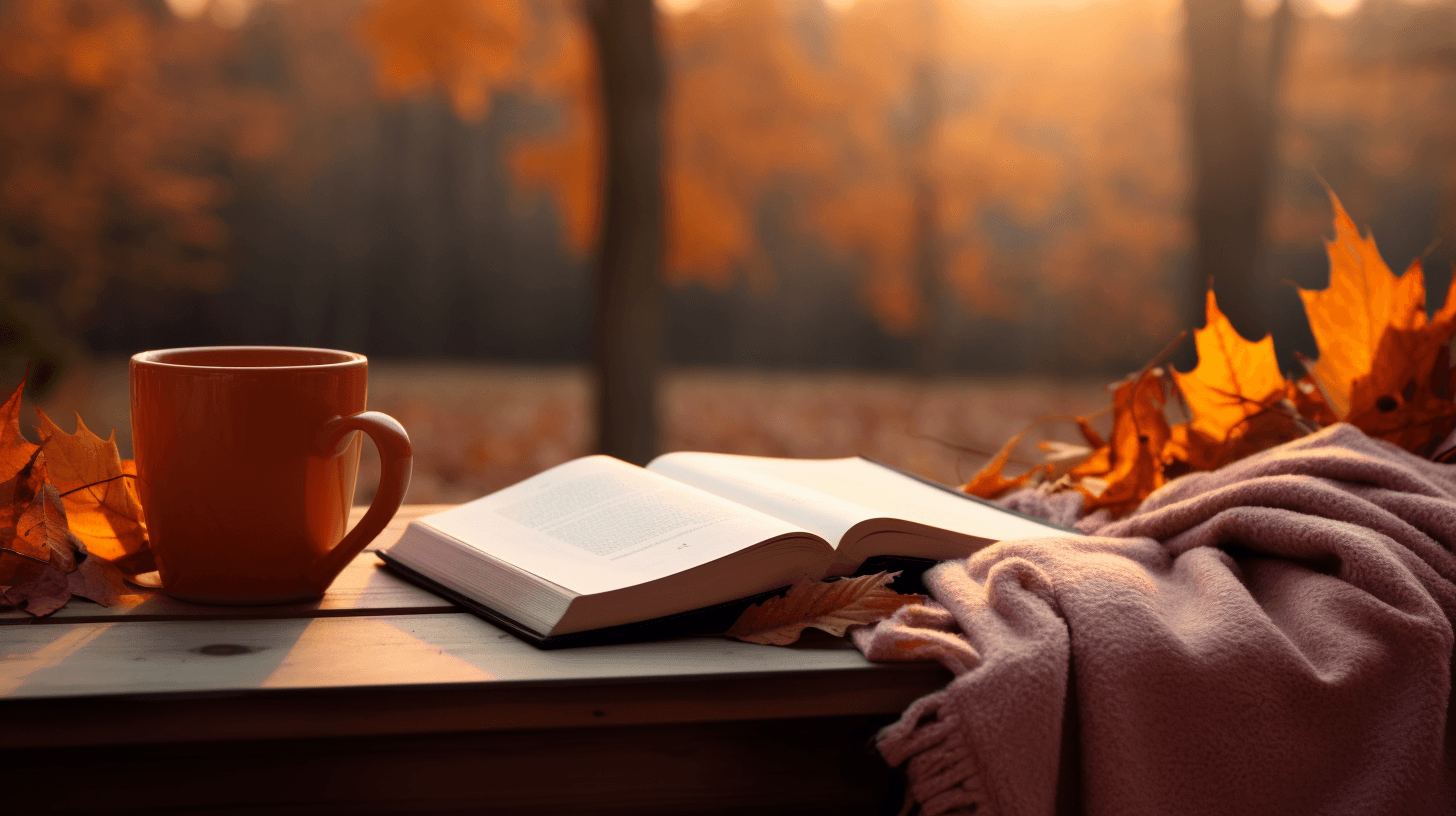 Autumn scene with a mug, open book, and blanket on a wooden table surrounded by fall leaves.