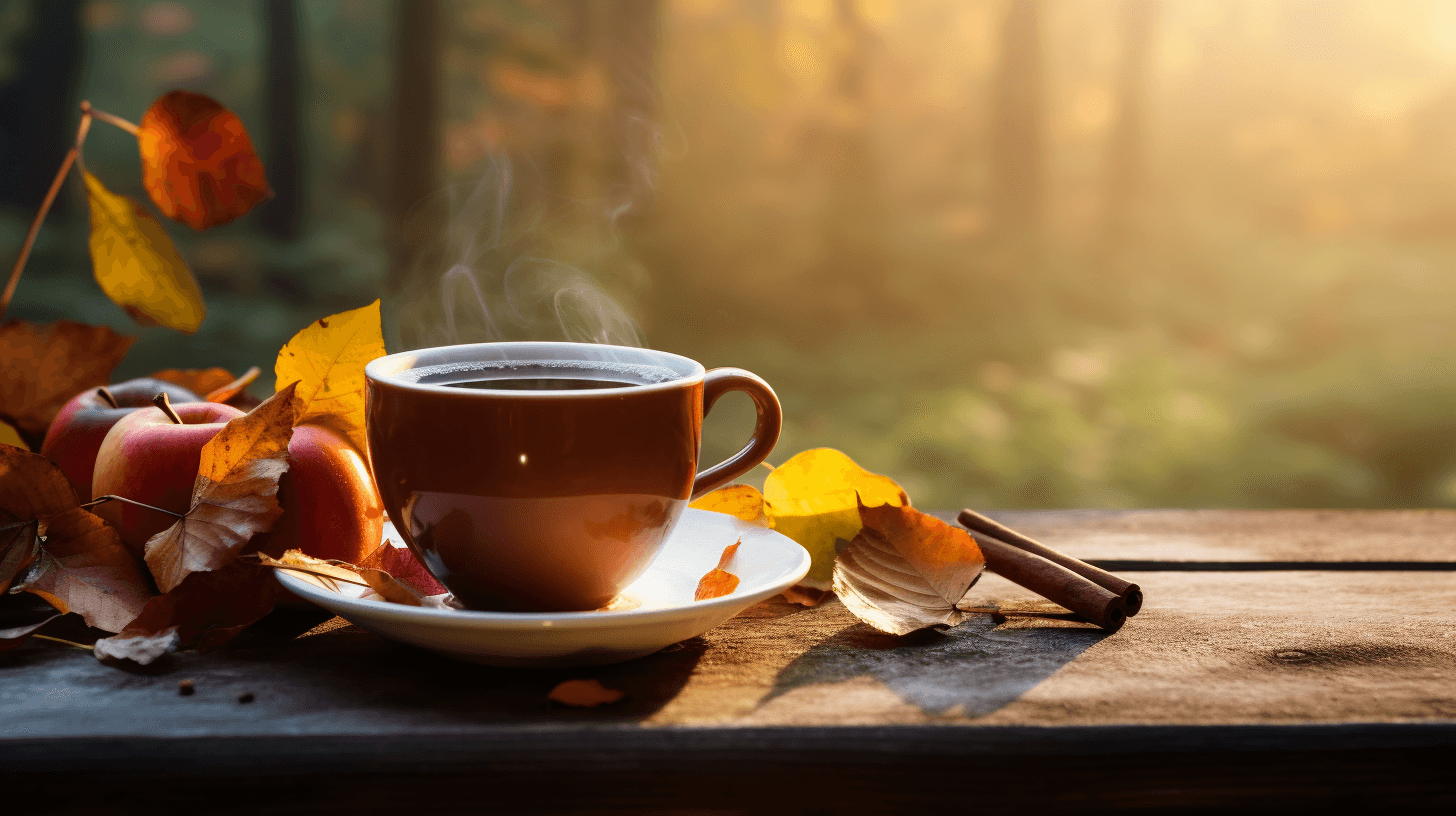 Steaming cup of tea on a wooden table with autumn leaves, apples, and cinnamon sticks in a sunlit forest.