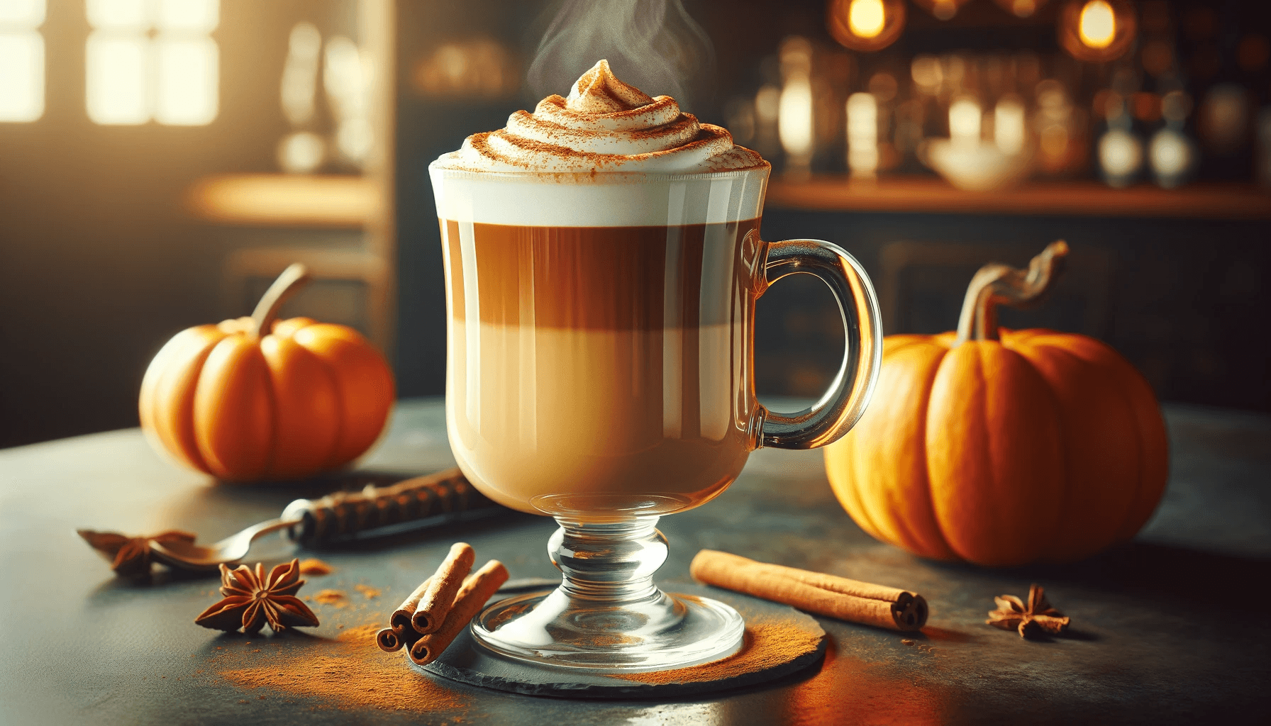 Steaming pumpkin spice latte with whipped cream, surrounded by pumpkins and cinnamon sticks.
