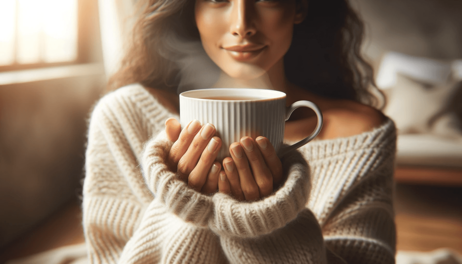 Woman holding a steaming cup of tea, wearing a cozy sweater.
