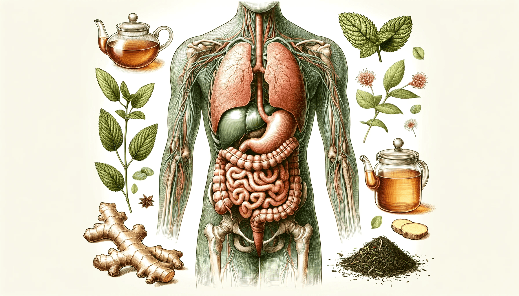 Illustration of human digestive system with herbs, ginger, tea pots, and leaves.