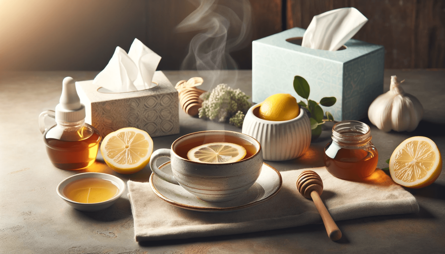 Steaming cup of lemon tea with honey, lemon slices, garlic, and tissues on a table.