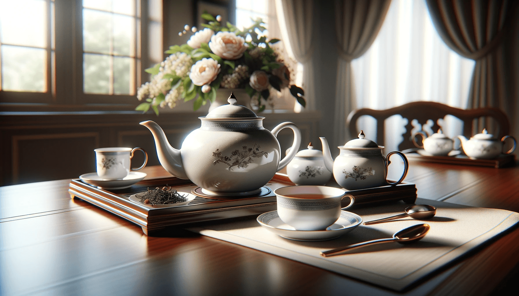 Elegant tea set with floral design on a wooden table, surrounded by soft lighting and a bouquet of flowers.