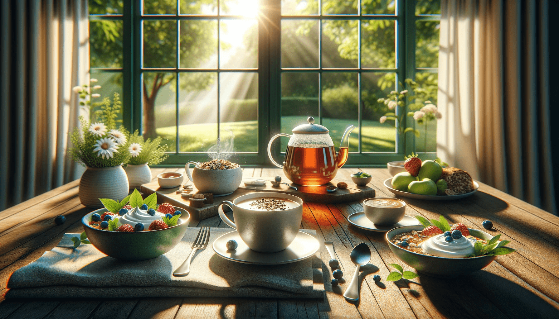 Sunlit breakfast table with tea, fruit, yogurt, and flowers by a window.