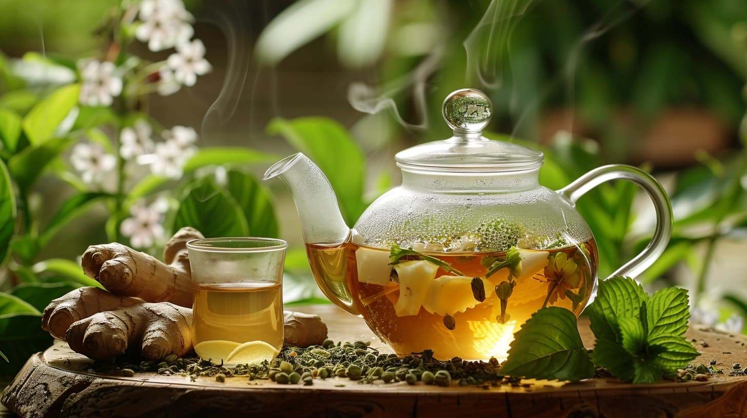 Glass teapot with herbal tea, surrounded by ginger, herbs, and steam, on a wooden surface.