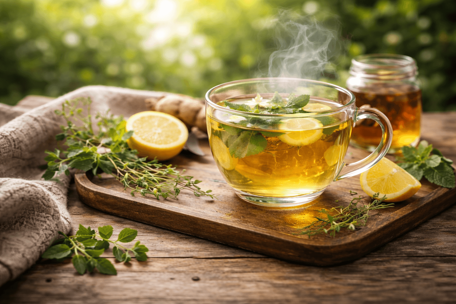 Steaming herbal tea with lemon, mint, and herbs on a wooden tray, sunlight in the background.