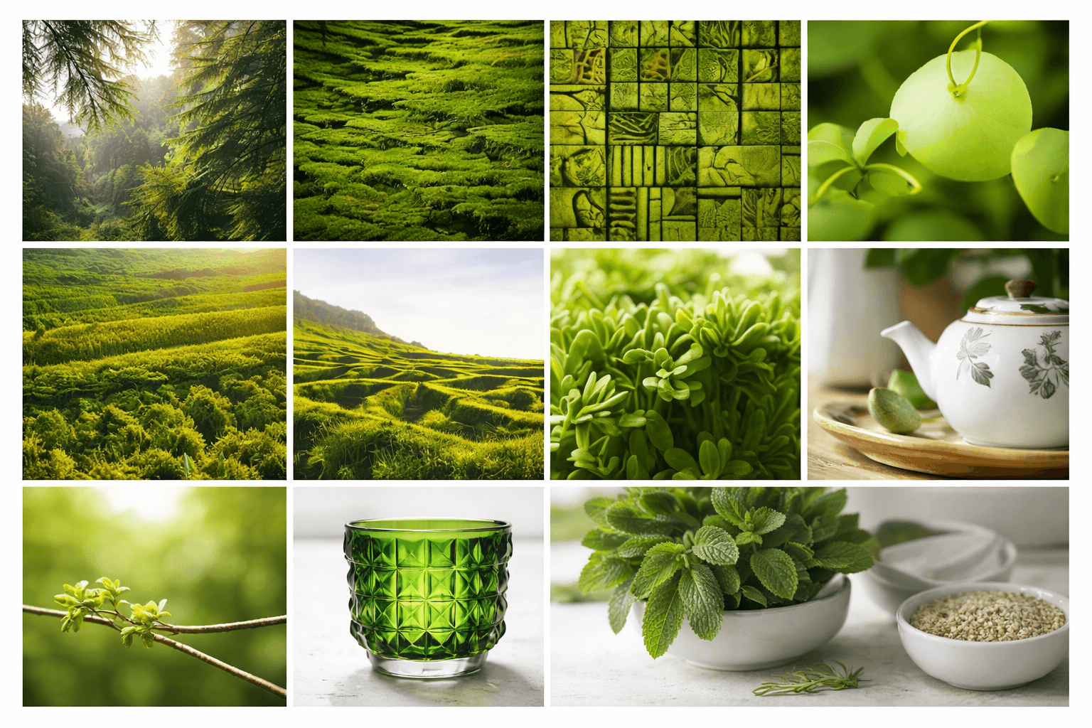 Collage of lush greenery, tea fields, a green glass, and a teapot with herbs.