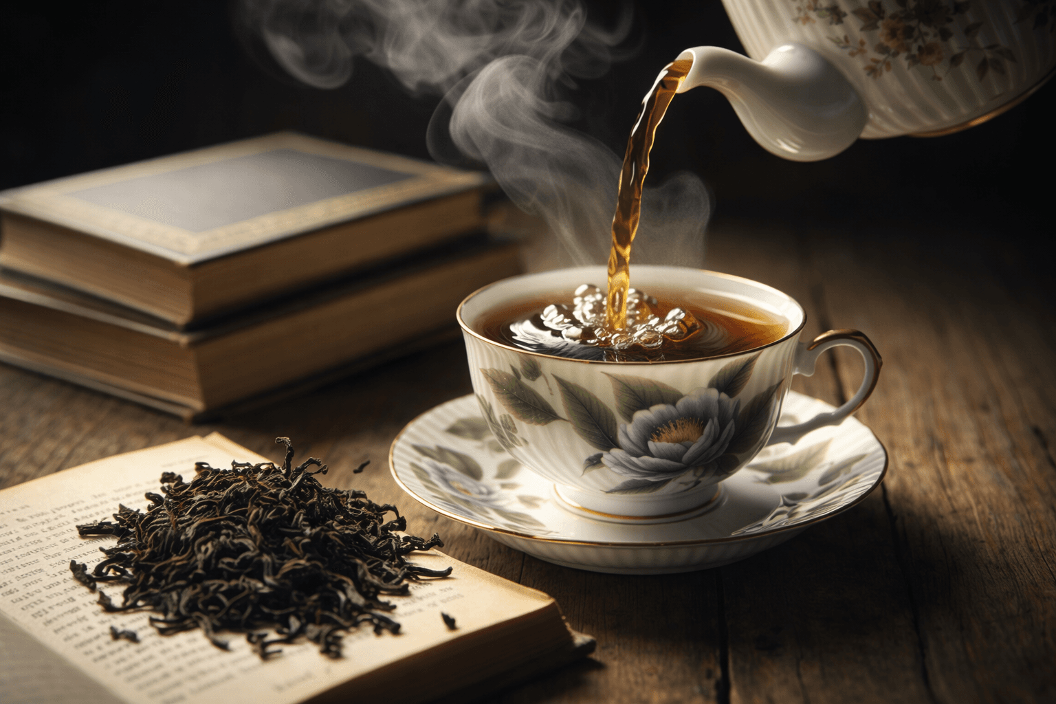 Steaming tea poured into floral teacup, with loose tea leaves and books on wooden table.