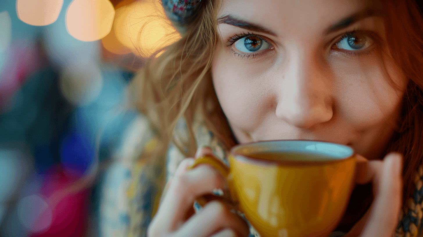 Woman sipping tea from a yellow cup, cozy ambiance with blurred lights.