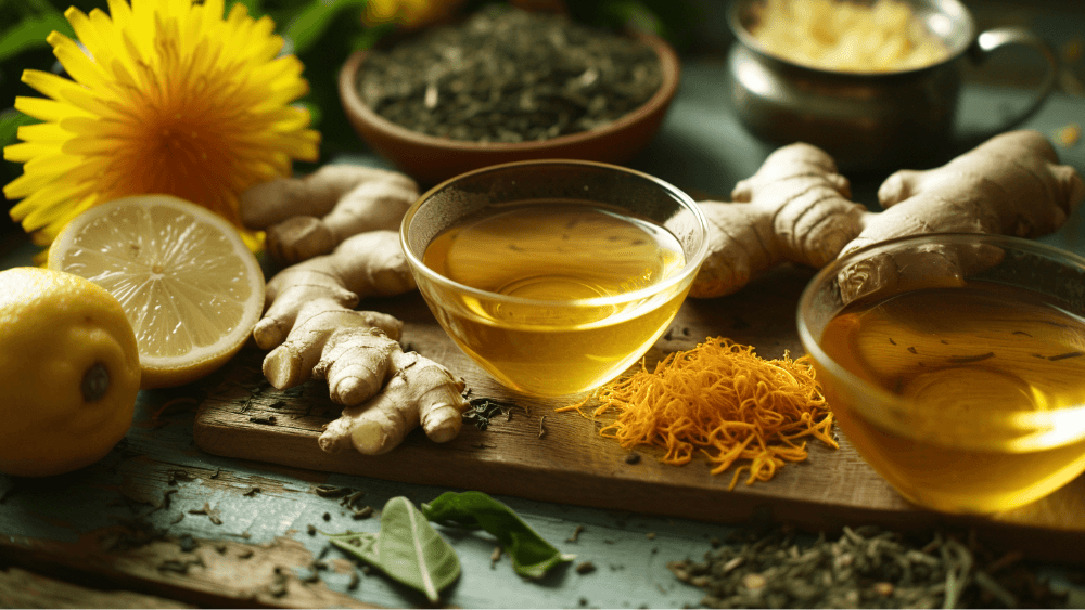 Herbal tea with ginger, lemon, and herbs on a wooden board, surrounded by fresh ingredients.