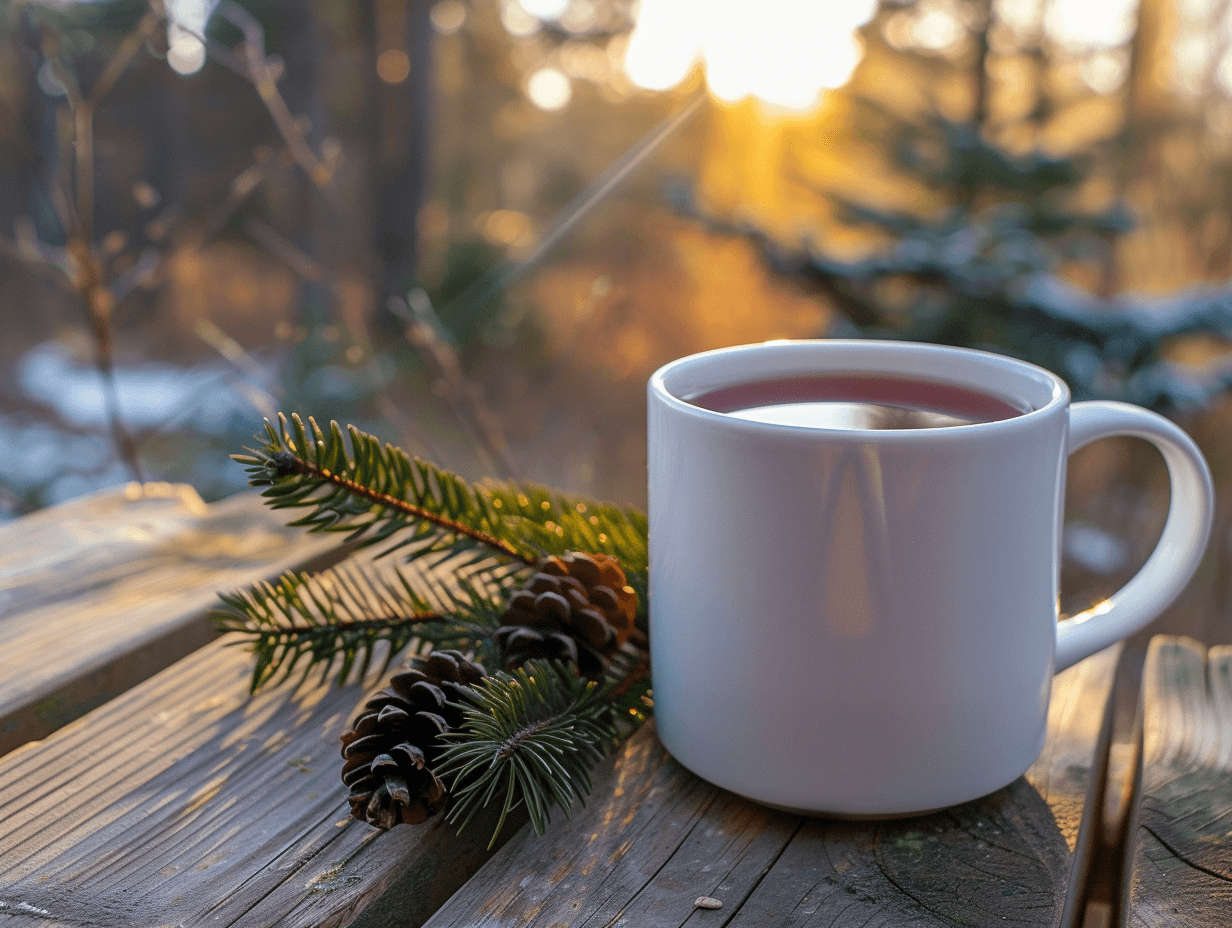 White mug of tea on a wooden table with pinecones and evergreen branches, sunlit forest background.