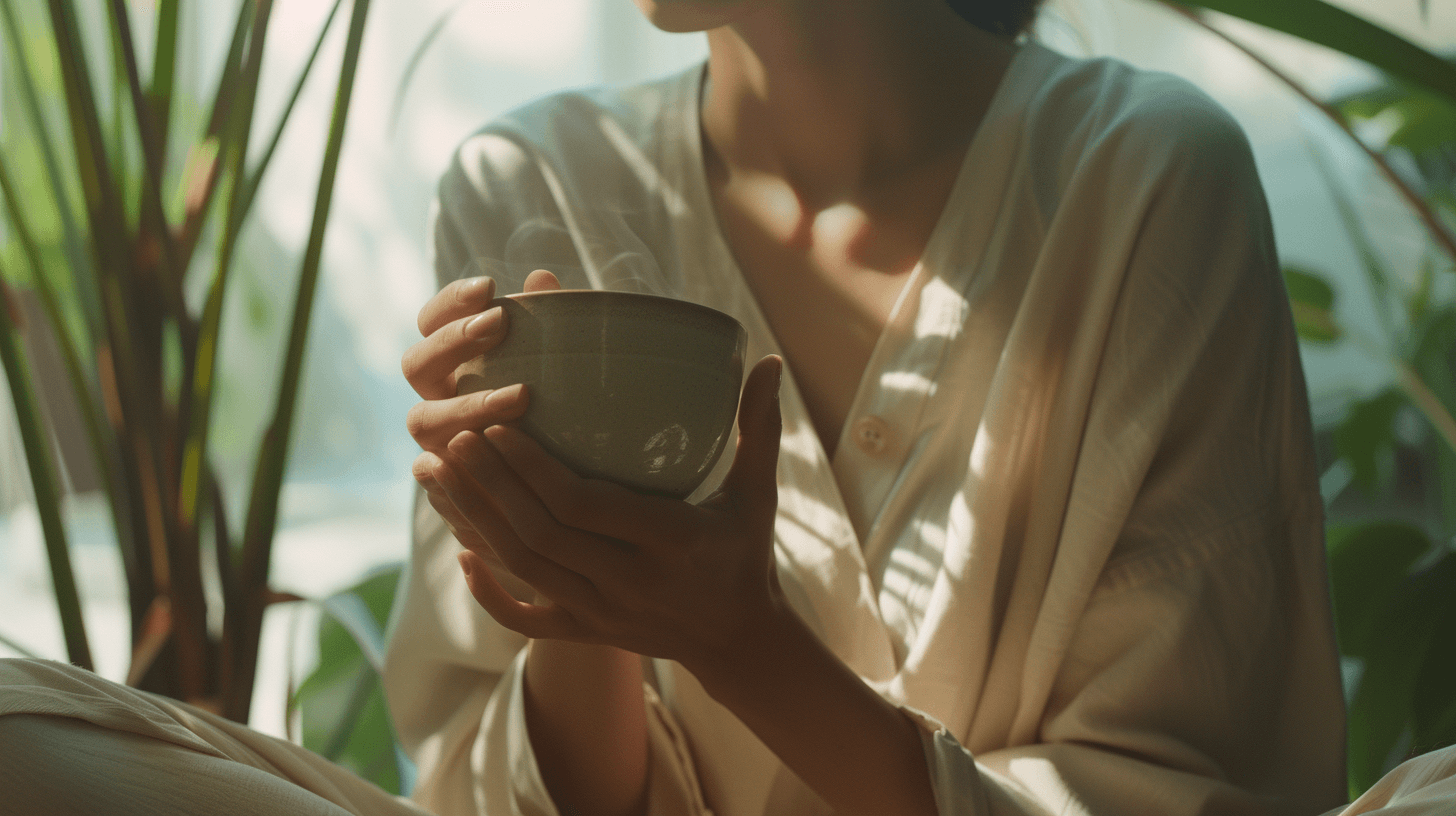 Person in soft light holding a steaming cup, surrounded by lush green plants.