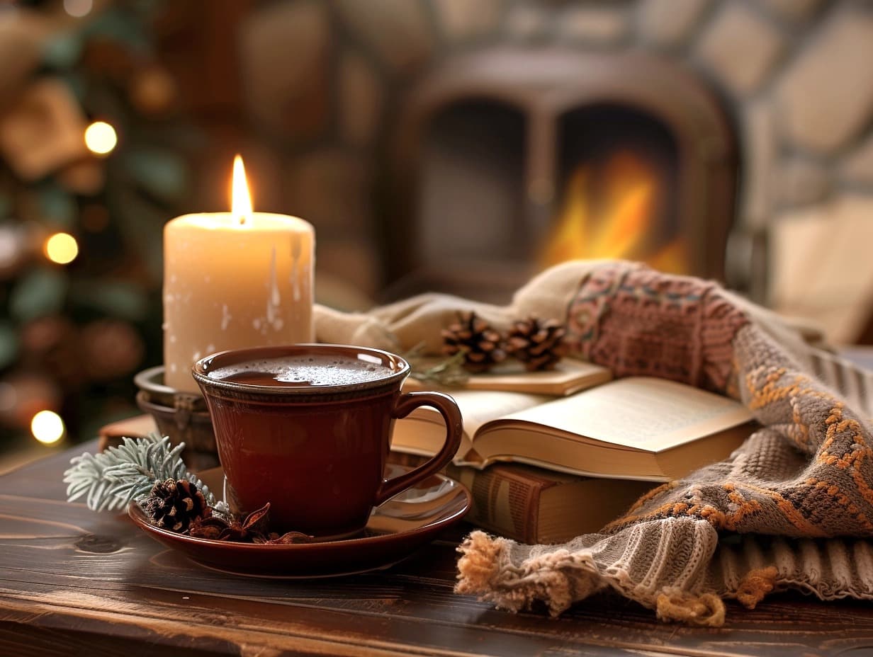 Cozy setting with a cup of tea, candle, open book, and warm scarf by a fireplace.