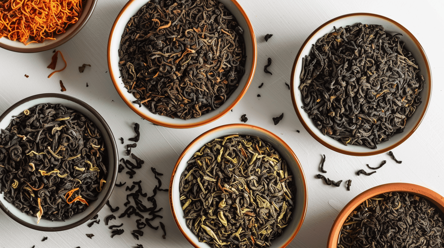Assorted loose leaf teas in bowls on a white surface.