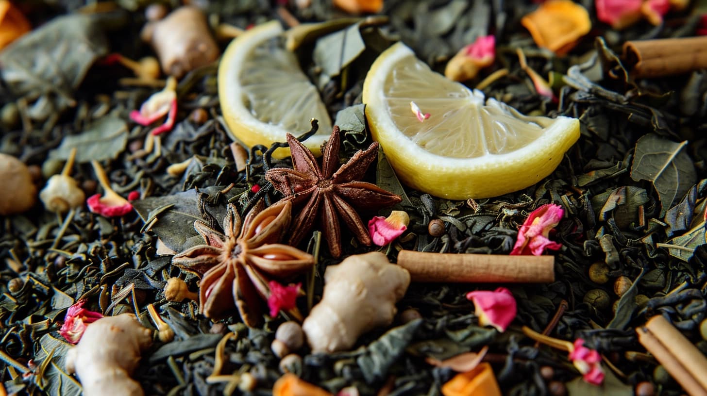 Loose leaf tea blend with lemon slices, star anise, ginger, and rose petals.