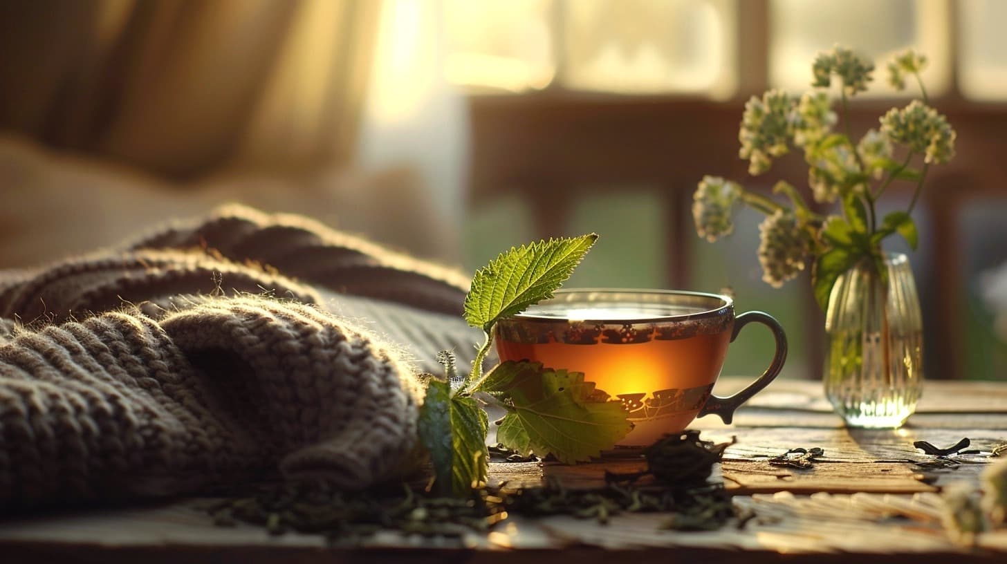 Cozy setting with a cup of tea, a knit blanket, and flowers on a wooden table.