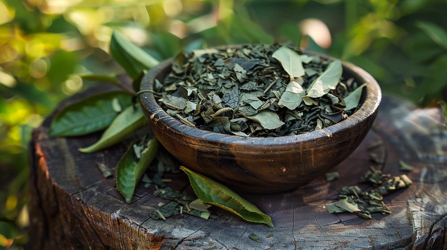 Wooden bowl filled with dried green tea leaves on a tree stump, surrounded by fresh leaves.