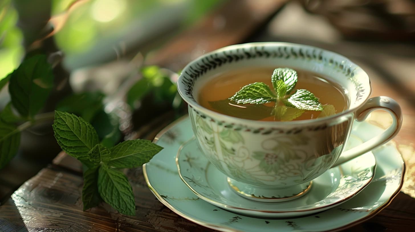 Elegant teacup with mint tea and fresh mint leaves on a wooden table.