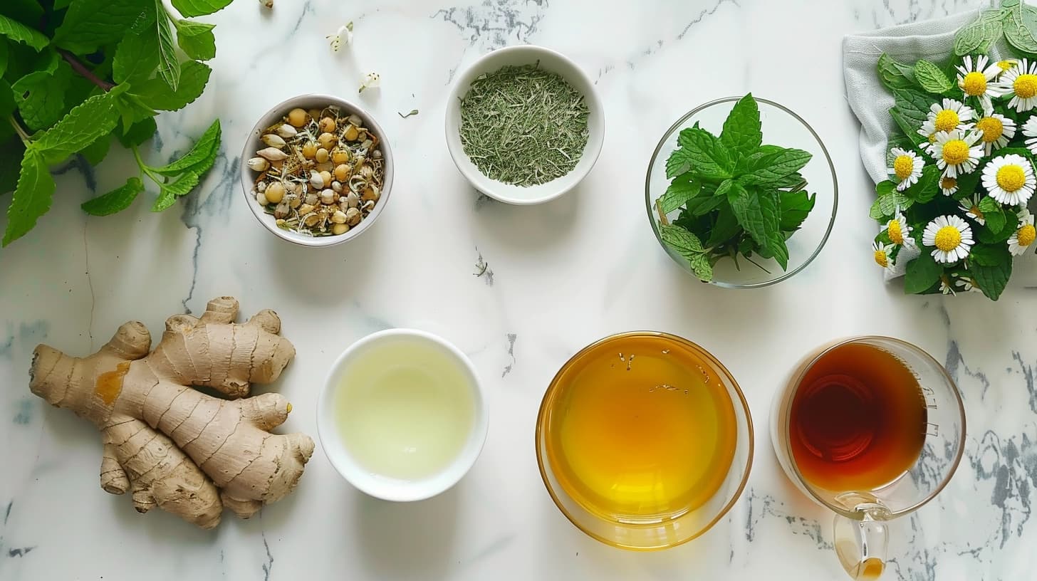 Ginger, chamomile, mint, and tea ingredients on a marble surface.