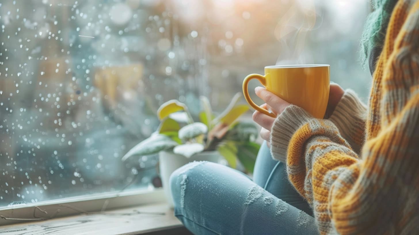 Cozy scene with a person in a sweater holding a steaming yellow mug by a rainy window.