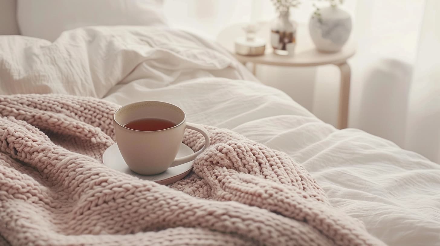 Cozy cup of tea on a knitted blanket in a serene bedroom setting.