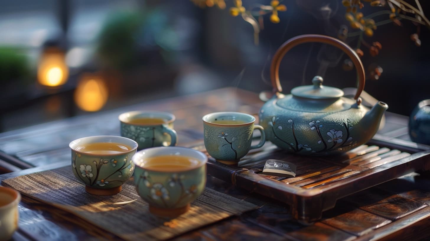 Steaming green tea set with floral design on a wooden tray, warm ambient lighting.