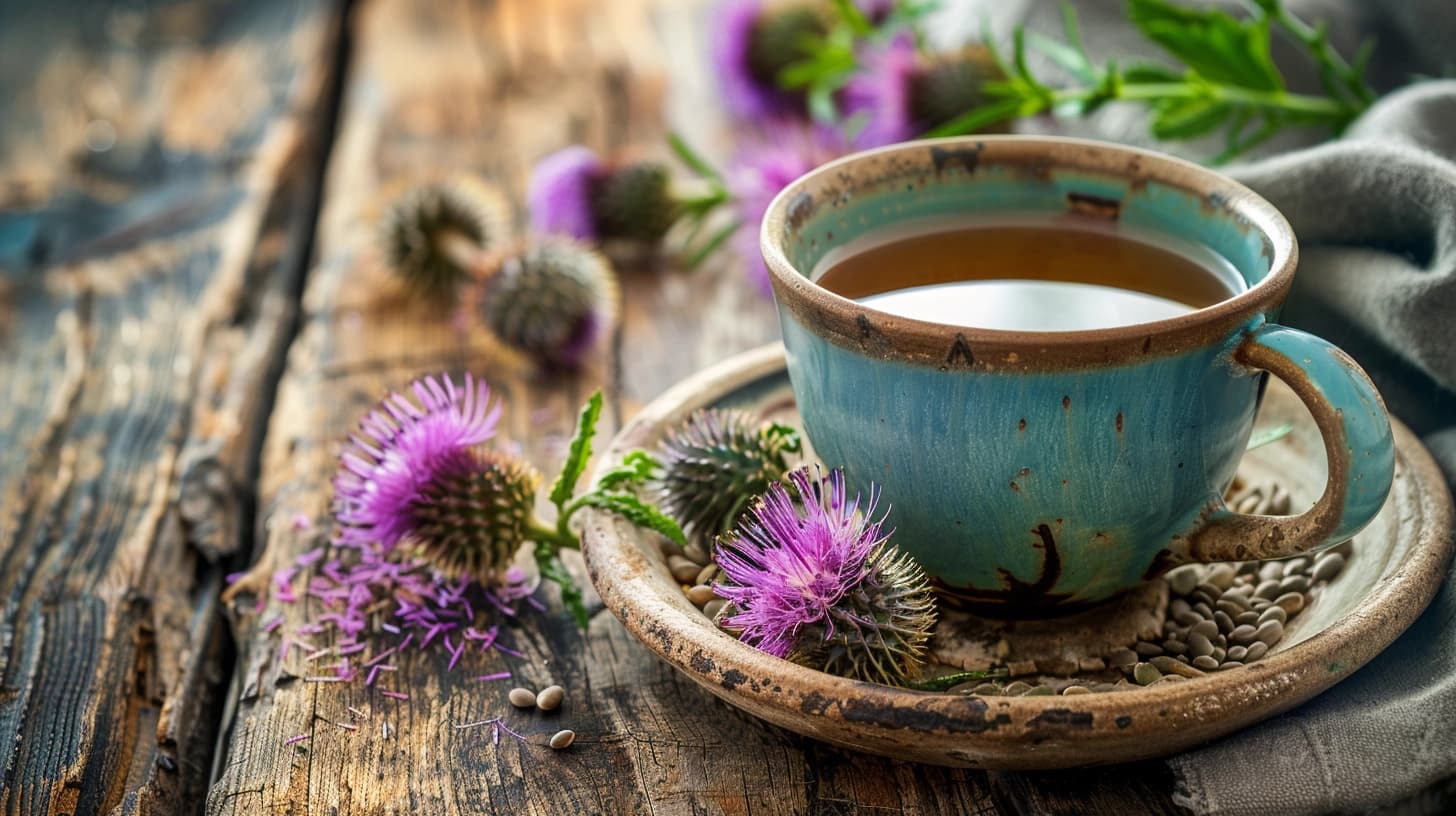 Rustic cup of herbal tea with thistle flowers on a wooden table.