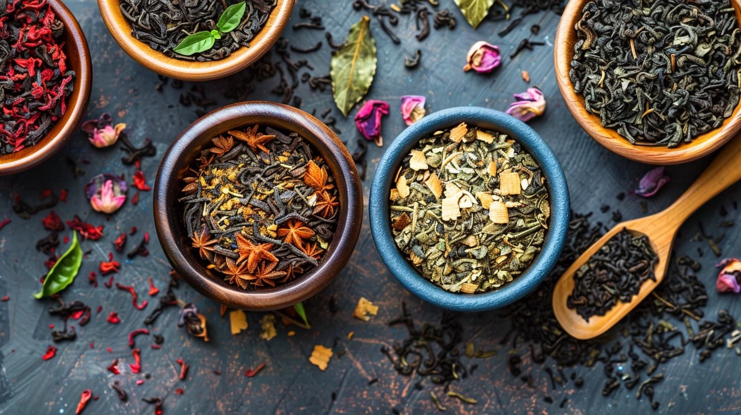 Assorted loose leaf teas with spices and dried flowers in bowls on a dark surface.