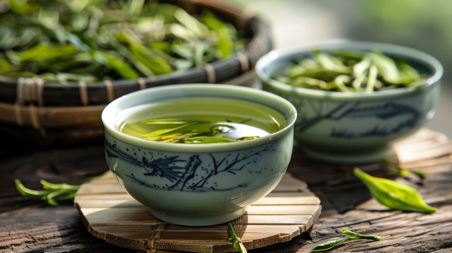 Ceramic cup of green tea with fresh leaves, bamboo mat, and blurred background.