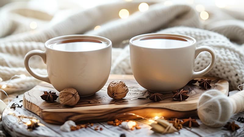 Two mugs of tea on a wooden tray with walnuts and star anise, cozy blanket in the background.