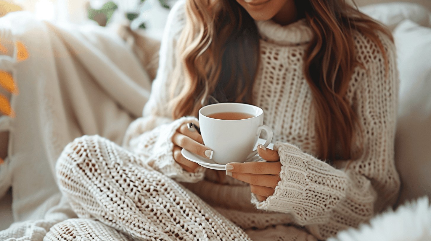 Woman in cozy sweater holding a cup of tea, sitting on a sofa.