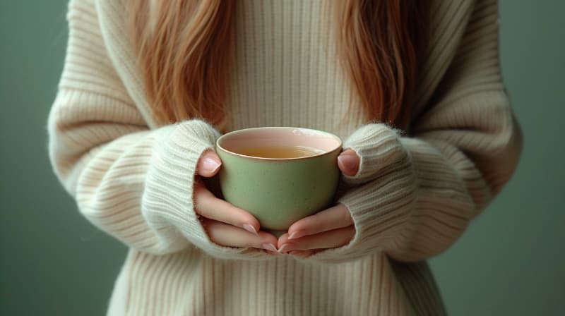 Hands holding a green cup of tea, wearing a cozy beige sweater.