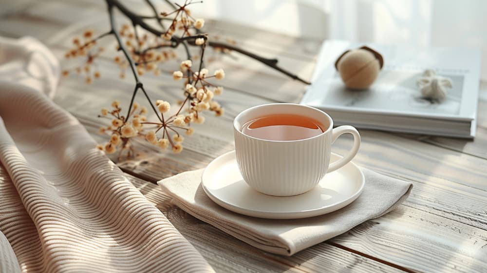White teacup on saucer with herbal tea, beside a book and dried flowers on a wooden table.