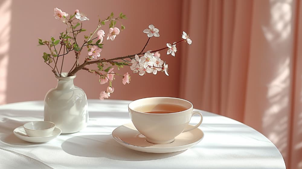 Tea cup on a table with a vase of cherry blossoms, soft pink background.