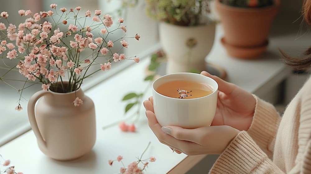 Hands holding a cup of tea near a window with pink flowers and potted plants.
