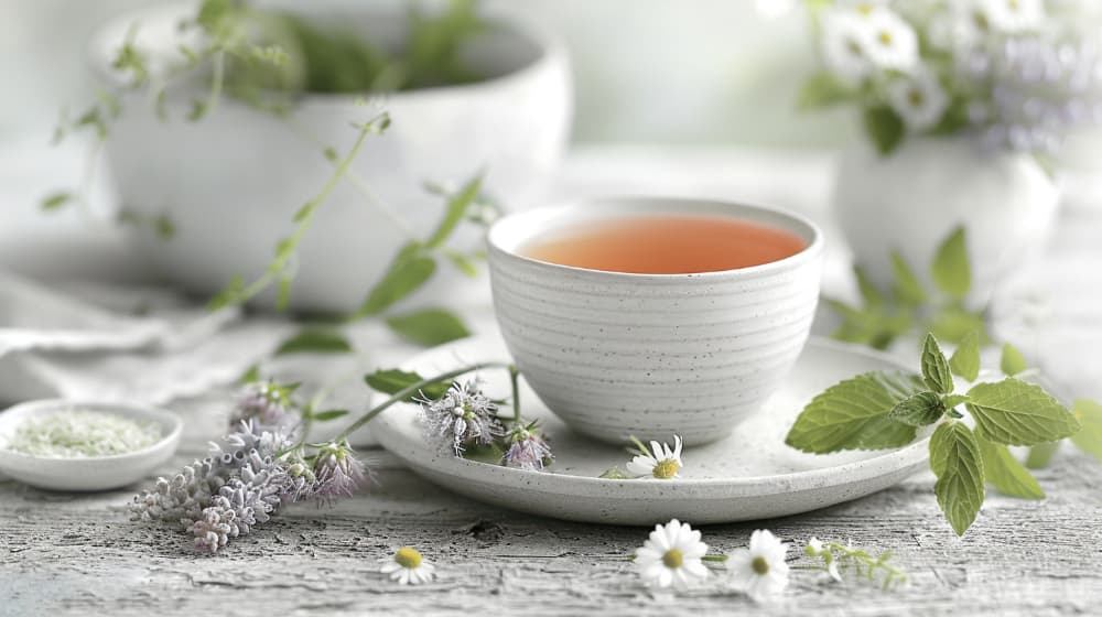 Herbal tea in a white cup with mint leaves and chamomile flowers on a rustic table.