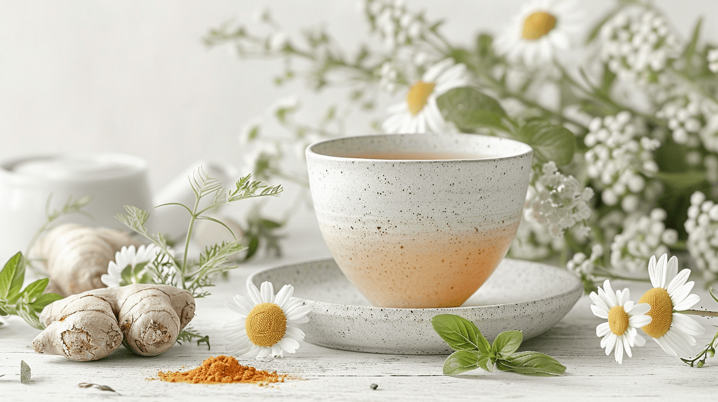 Ceramic cup of tea with ginger, turmeric, and chamomile flowers on a white background.