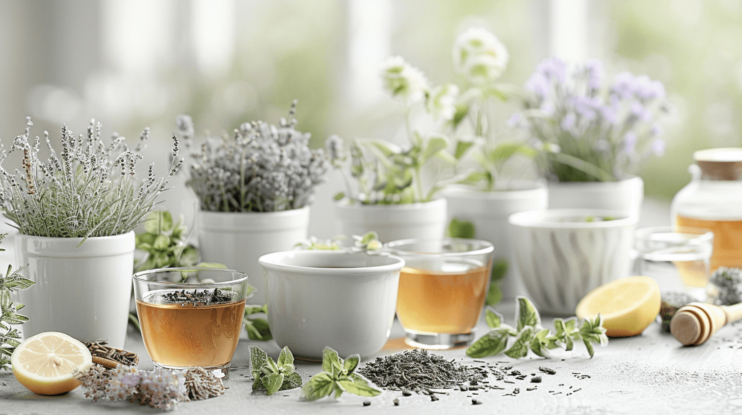 Herbal tea with fresh herbs, lemon, and loose leaves on a bright table.