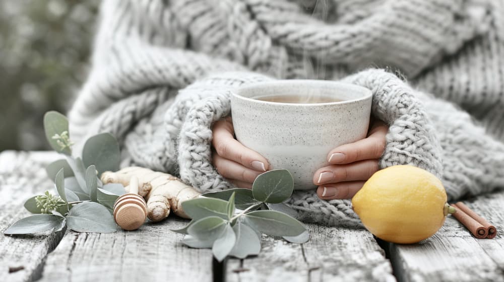 Hands in a cozy sweater holding a steaming cup, surrounded by ginger, eucalyptus, lemon, and cinnamon on a rustic table.