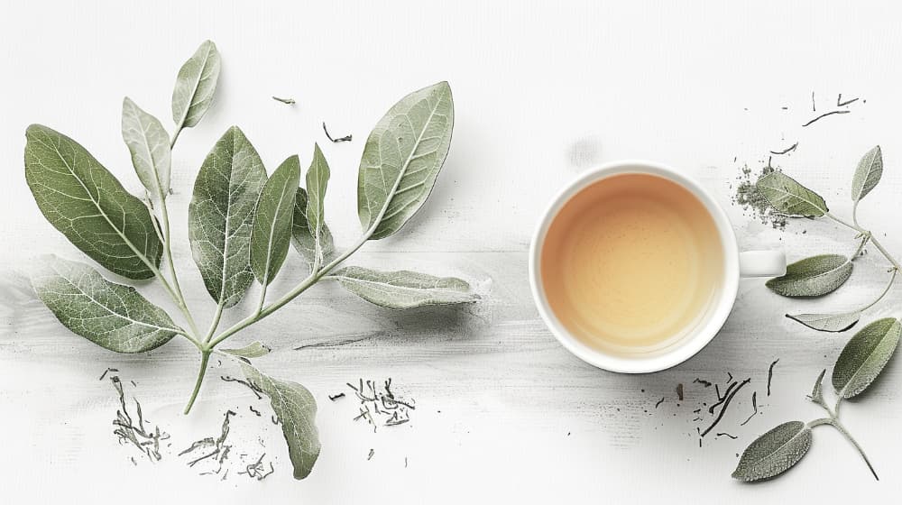 White cup of herbal tea with fresh sage leaves on a white background.