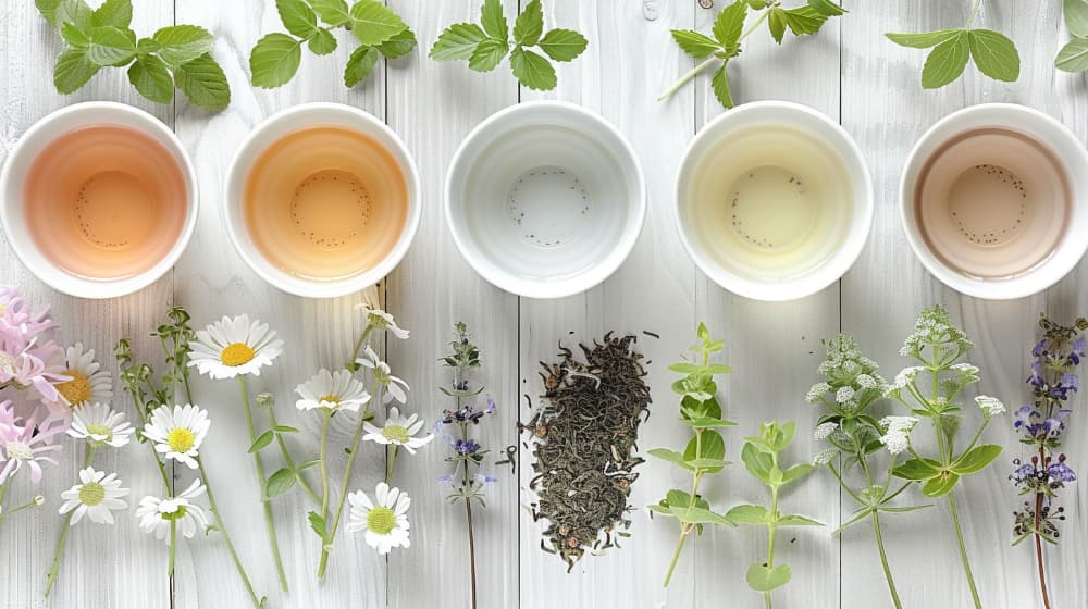 Five cups of herbal tea with assorted fresh herbs and flowers on a white wooden surface.