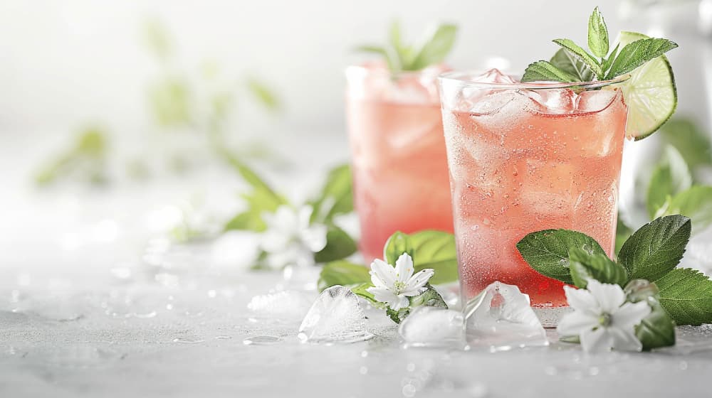 Iced herbal tea with mint, lime, and flowers on a light background.